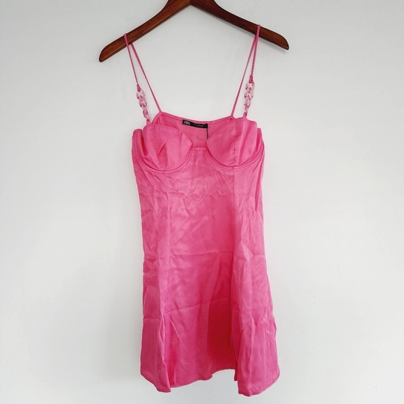 Zara Pink Satin Mini Slip Dress Size Small - Picture 5 of 9